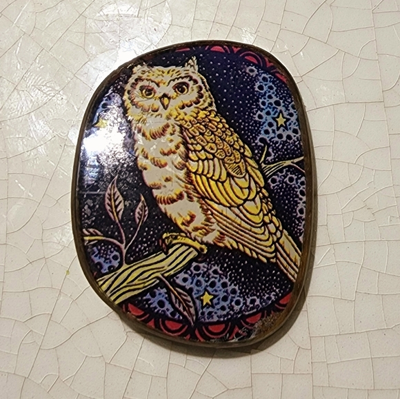 Handmade decoupage owl resin brooch - Picture 1 of 6